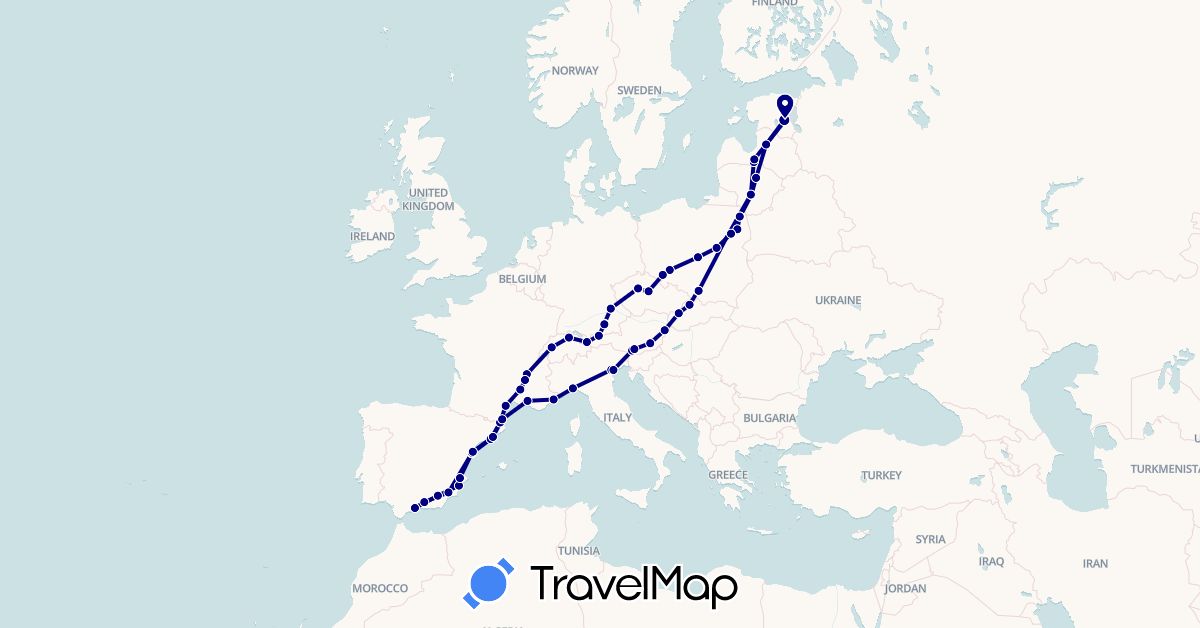 TravelMap itinerary: driving in Austria, Switzerland, Czech Republic, Germany, Estonia, Spain, France, Italy, Lithuania, Latvia, Poland, Slovakia (Europe)